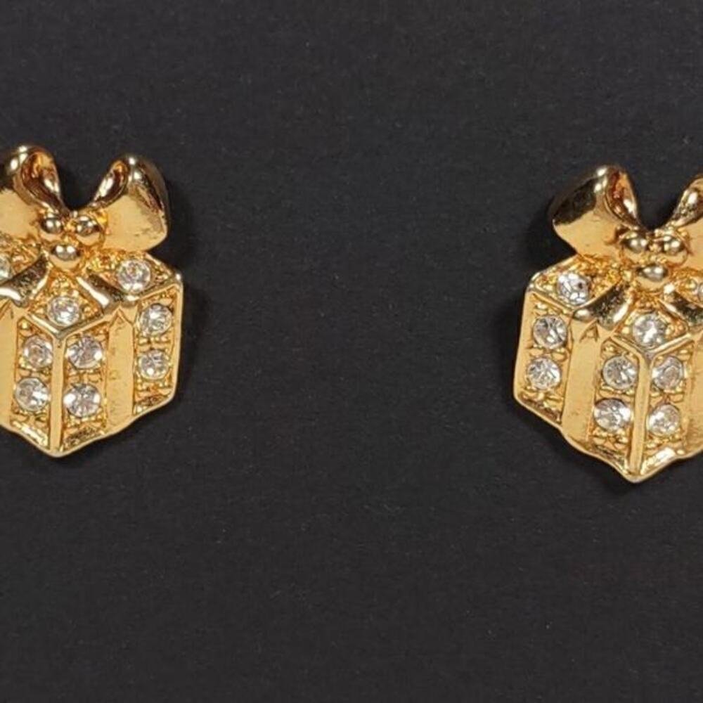Vintage 1992 Avon Christmas Present Rhinestone Pierced Ear Stud Earrings - Picture 2 of 7